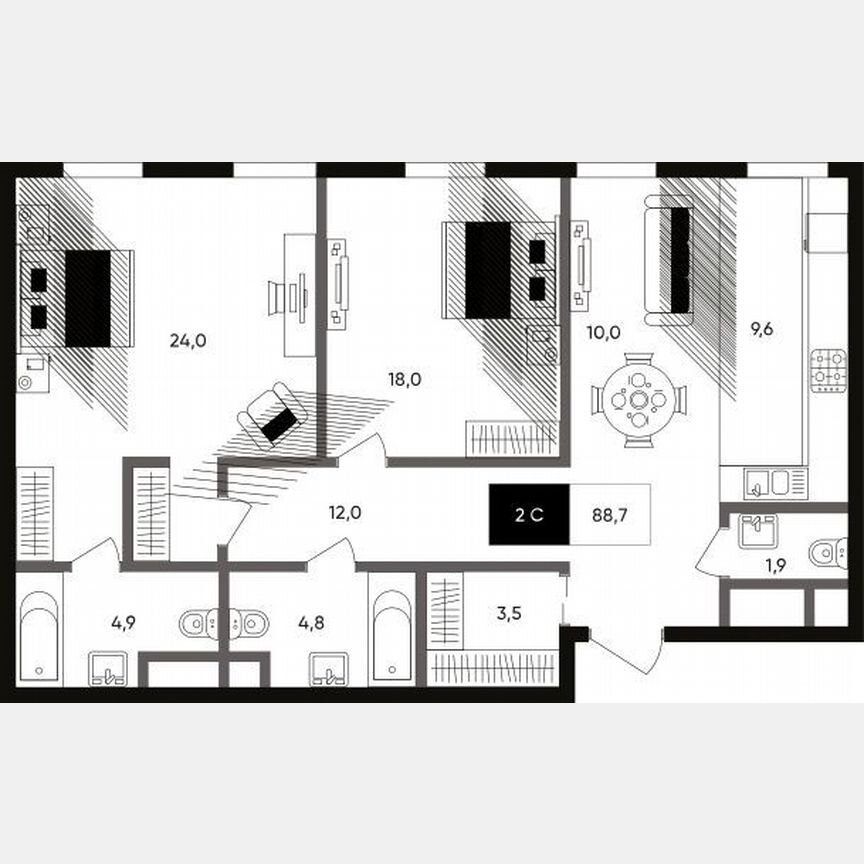 2-к. апартаменты, 88,4 м², 7/9 эт.
