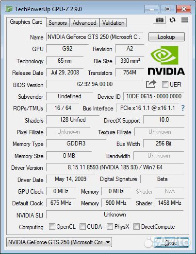 Palit GeForce GTS 250 1гб 256 бит