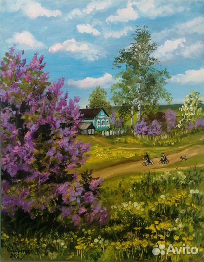 Картина маслом на холсте. Детство в деревне 50х40