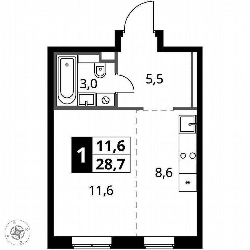 Квартира-студия, 28,7 м², 2/12 эт.