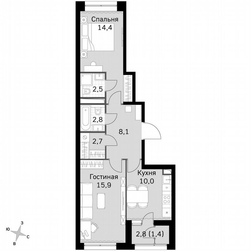 2-к. квартира, 58 м², 28/28 эт.