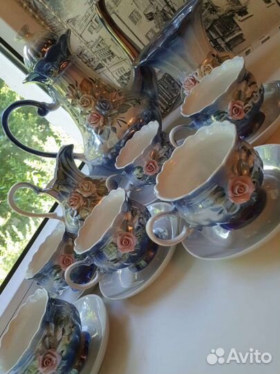 Чайный форфоровый сервиз, синий перламутр с розами