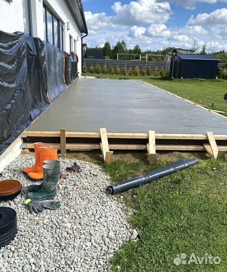 Фундамент Бетонные работы Отмостка Заливка двора