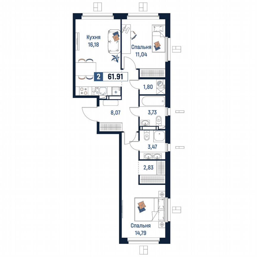 2-к. квартира, 61,9 м², 7/18 эт.