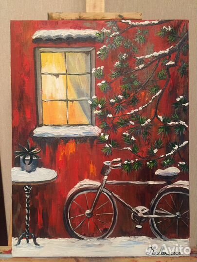 Картина маслом Зимний пейзаж с велосипедом