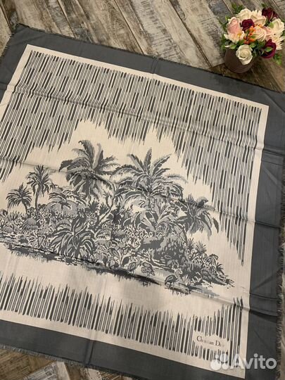 Платок шаль Dior из хлопка и шерсти серый новый