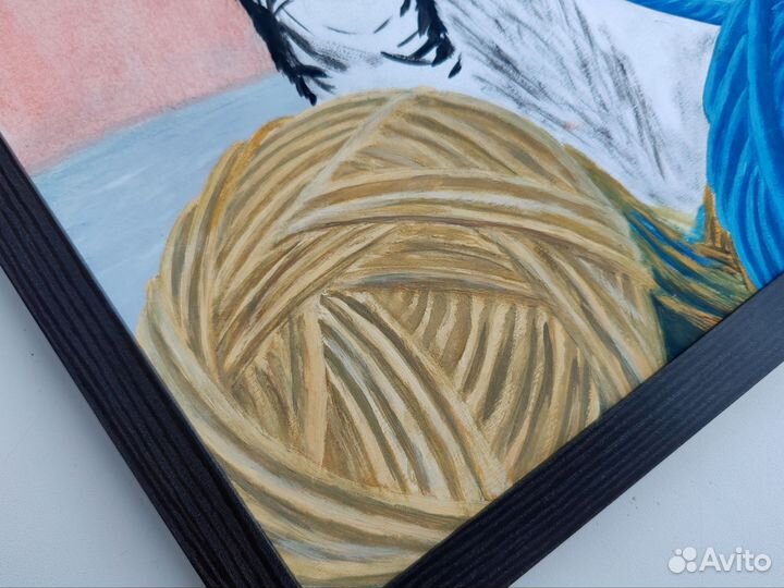 Милый котёнок с клубочками картина для интерьера