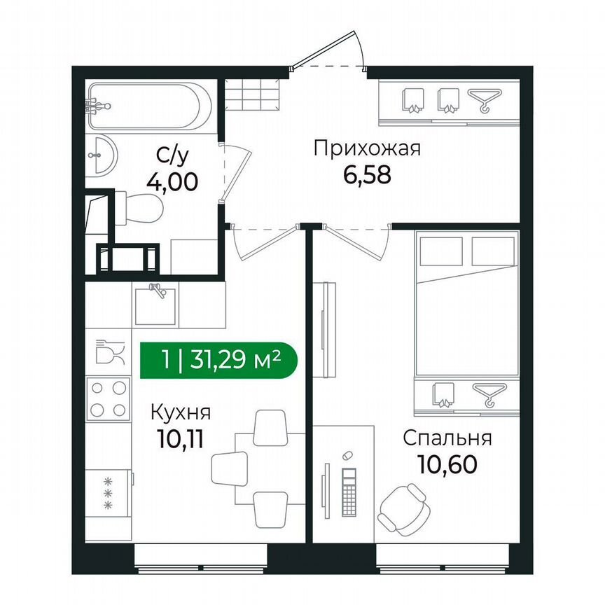 1-к. квартира, 31,3 м², 2/8 эт.