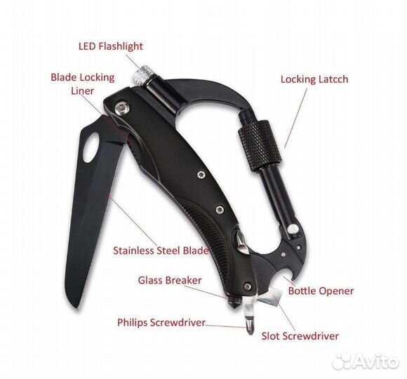 Мультитул брелок карабин с фонариком