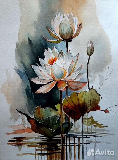 Картина акварелью 25х34 Лотосы
