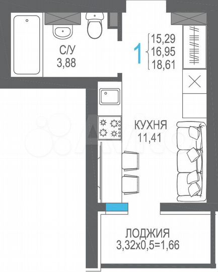 1-к. квартира, 17 м², 4/8 эт.