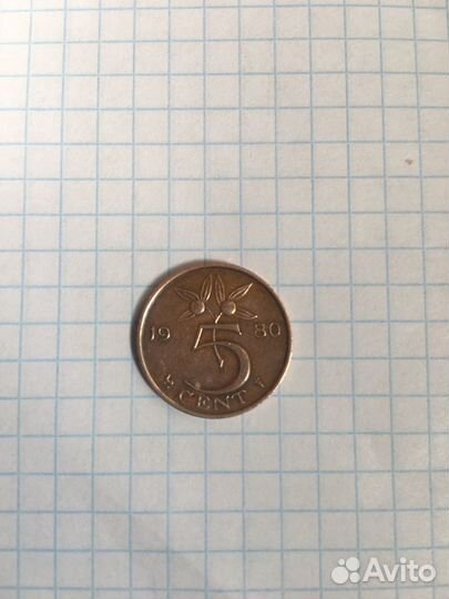 Монета (1980 г., 5 cent - перевертыш, брак ) neder