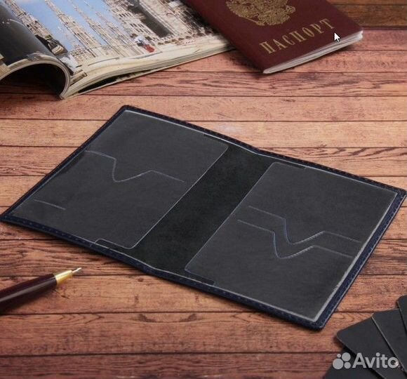 Обложка для паспорта Кошка кожа синий Россия