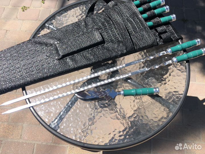 Шампуры в кожаном чехле подарочные (зеленый)