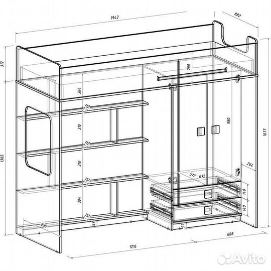 Кровать чердак с рабочей зоной и лесенкой камодом