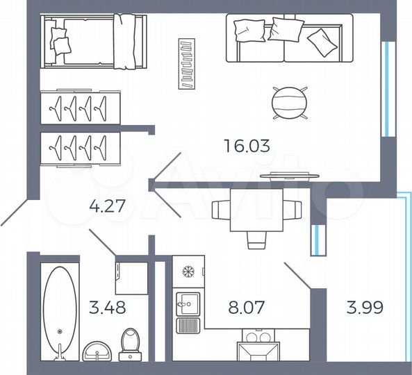 1-к. квартира, 33,9 м², 7/16 эт.