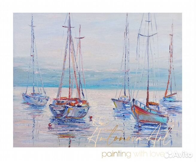 Картина маслом лодки море морской пейзаж 50х40