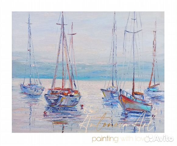 Картина маслом лодки море морской пейзаж 50х40