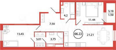 2-к. квартира, 66,2 м², 11/12 эт.