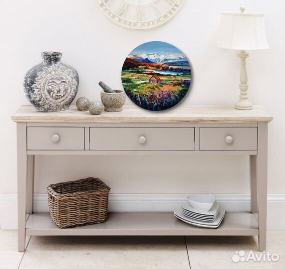 Картина маслом В горах холст круглый20 см на 20 см