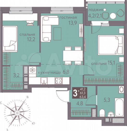 3-к. квартира, 63,4 м², 15/16 эт.