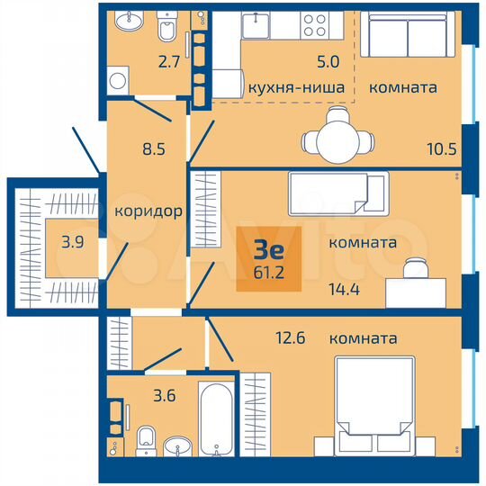 3-к. квартира, 61,2 м², 8/10 эт.