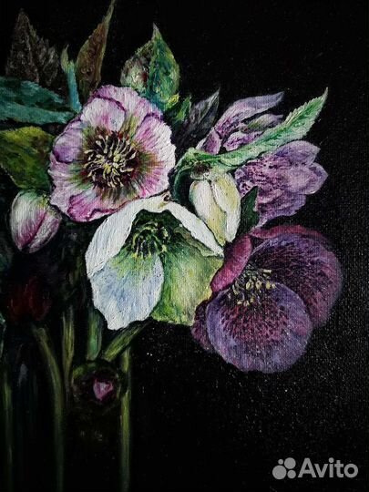 Интерьерная картина маслом цветы черная