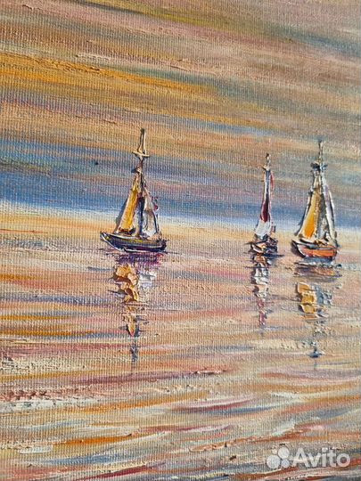 Пейзаж морской маслом на холсте море лодки