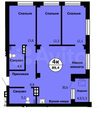 4-к. квартира, 89,4 м², 13/21 эт.