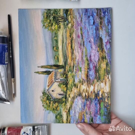 Картина маслом пейзаж Прованс лаванда цветы дом