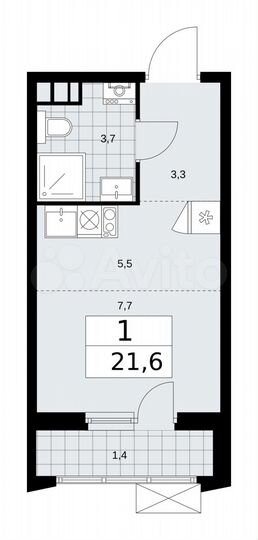 Квартира-студия, 21,6 м², 4/19 эт.