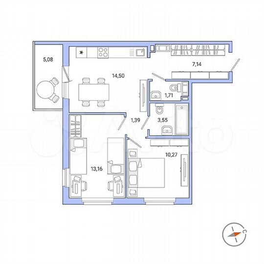 2-к. квартира, 53,2 м², 5/9 эт.