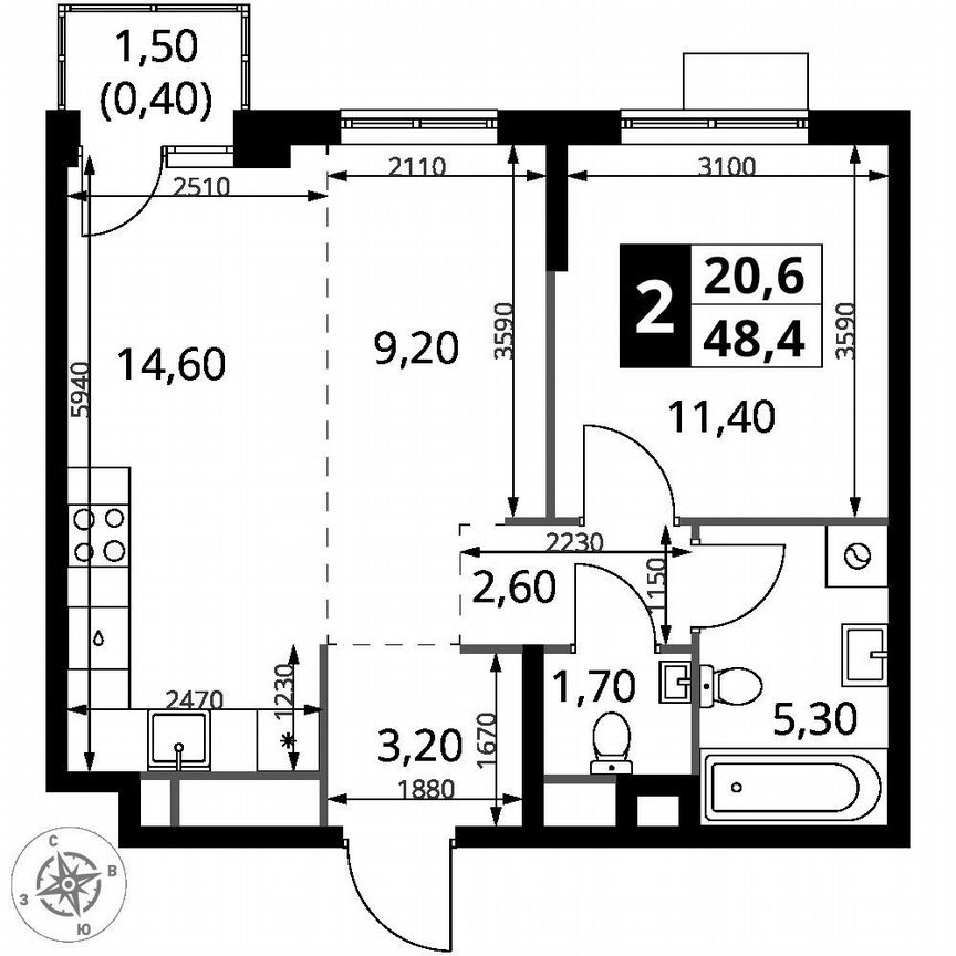 1-к. квартира, 48,4 м², 17/17 эт.