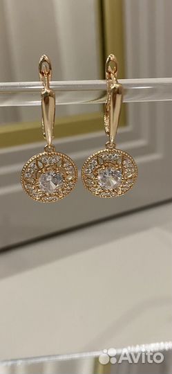 Серьги покрытие золото 585 пробы белый циркон