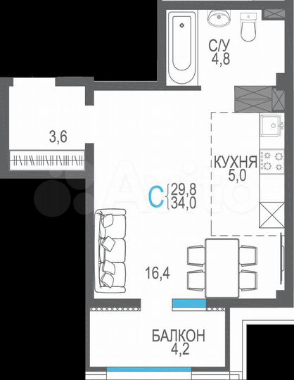 1-к. квартира, 34 м², 6/9 эт.