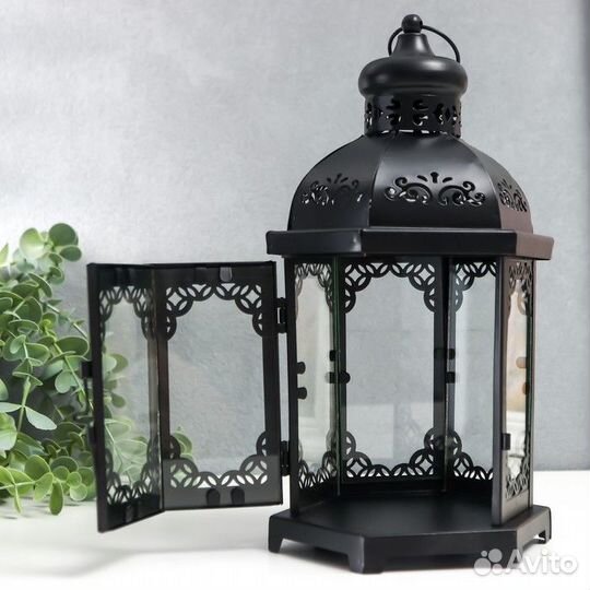 Подсвечник металл, стекло 'Фонарь - цветущие вензе