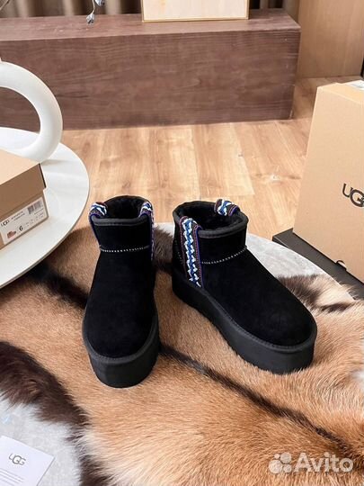 Угги с лентой женские UGG замша овчина чёрные