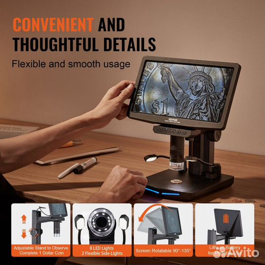 Цифровой микроскоп 10,1 дюйма 1300X, IPS экран New