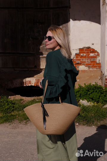 Сумка летняя пляжная, джут и натуральная кожа