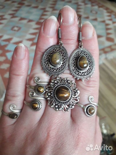 Комплект серьги и кольцо Тигровый глаз Индия