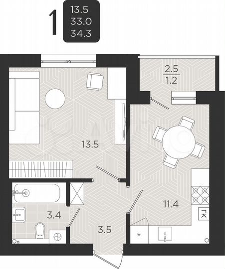 1-к. квартира, 33 м², 2/7 эт.