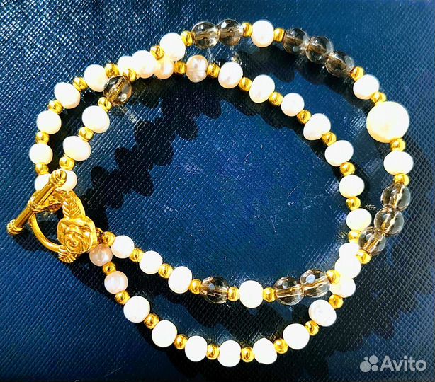 Браслет из натурального жемчуга и раухтопаза