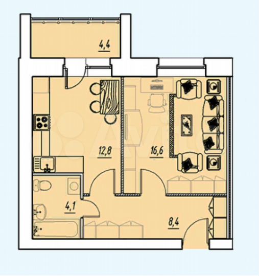 1-к. квартира, 44 м², 8/9 эт.