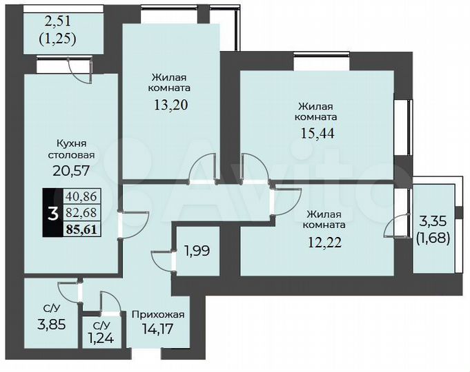 3-к. квартира, 85,6 м², 4/14 эт.