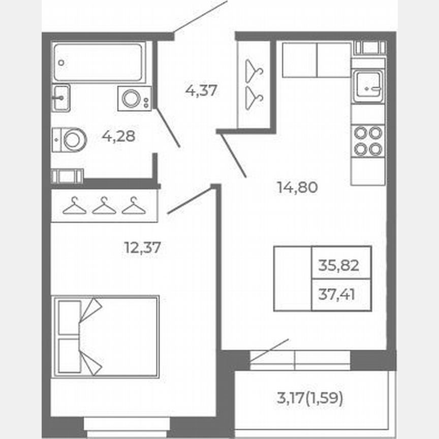 1-к. квартира, 35,8 м², 2/4 эт.