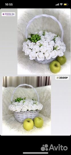 Букет из мыльных роз в корзине с яблоком