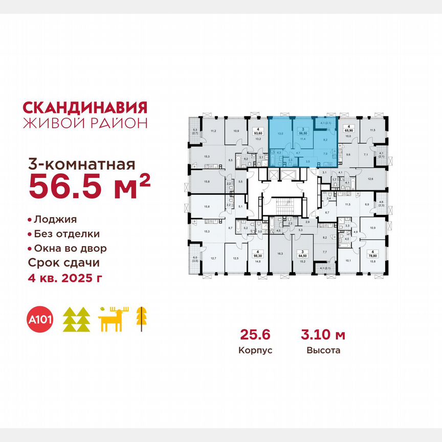 3-к. квартира, 56,5 м², 3/17 эт.