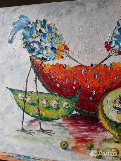 Картина маслом птицы, выпонена в технике 3 Д