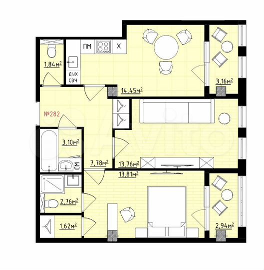 2-к. квартира, 65,2 м², 13/16 эт.
