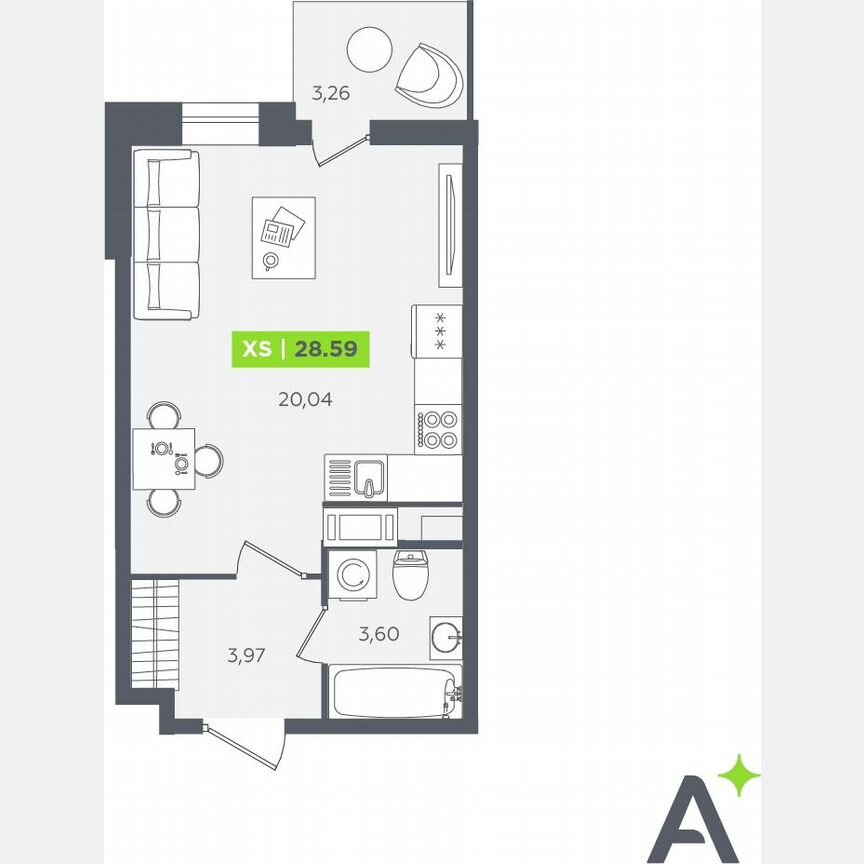 Квартира-студия, 28,6 м², 3/12 эт.